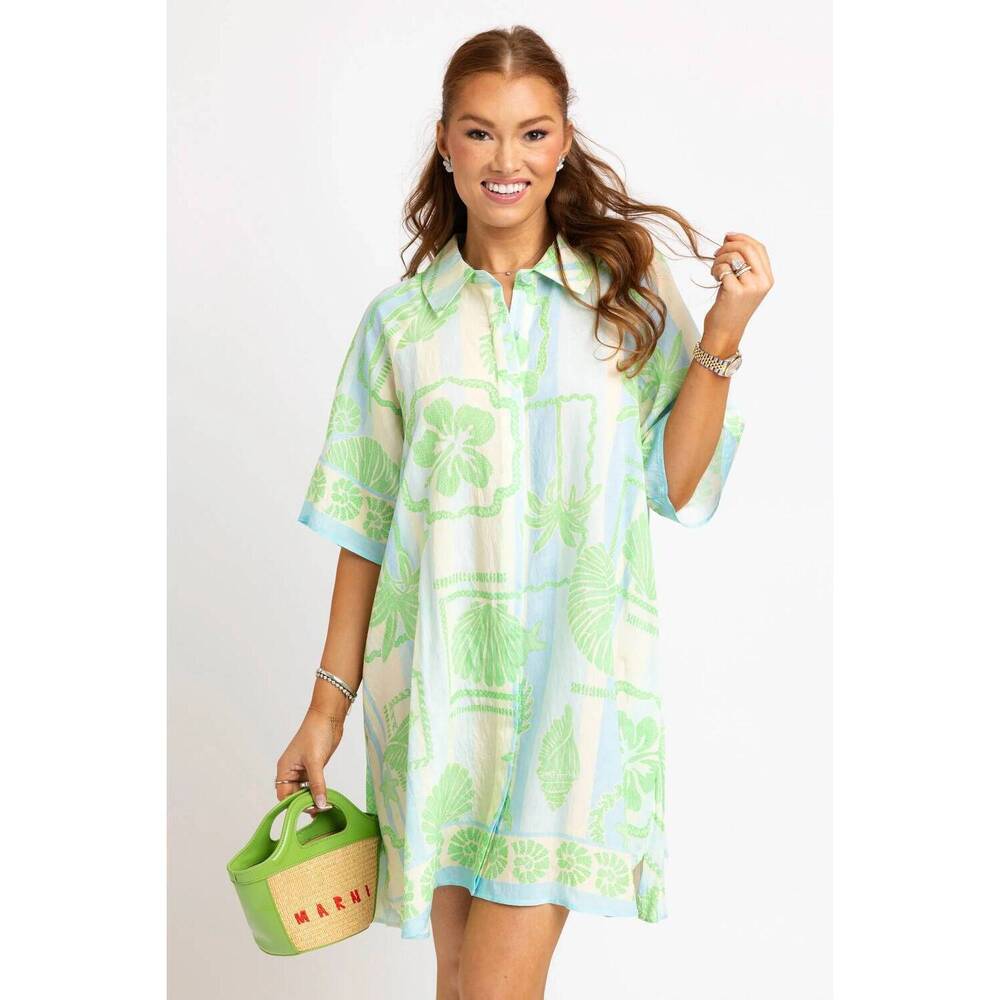 NEW KARLIE seashell stripe shirt mini dress in green